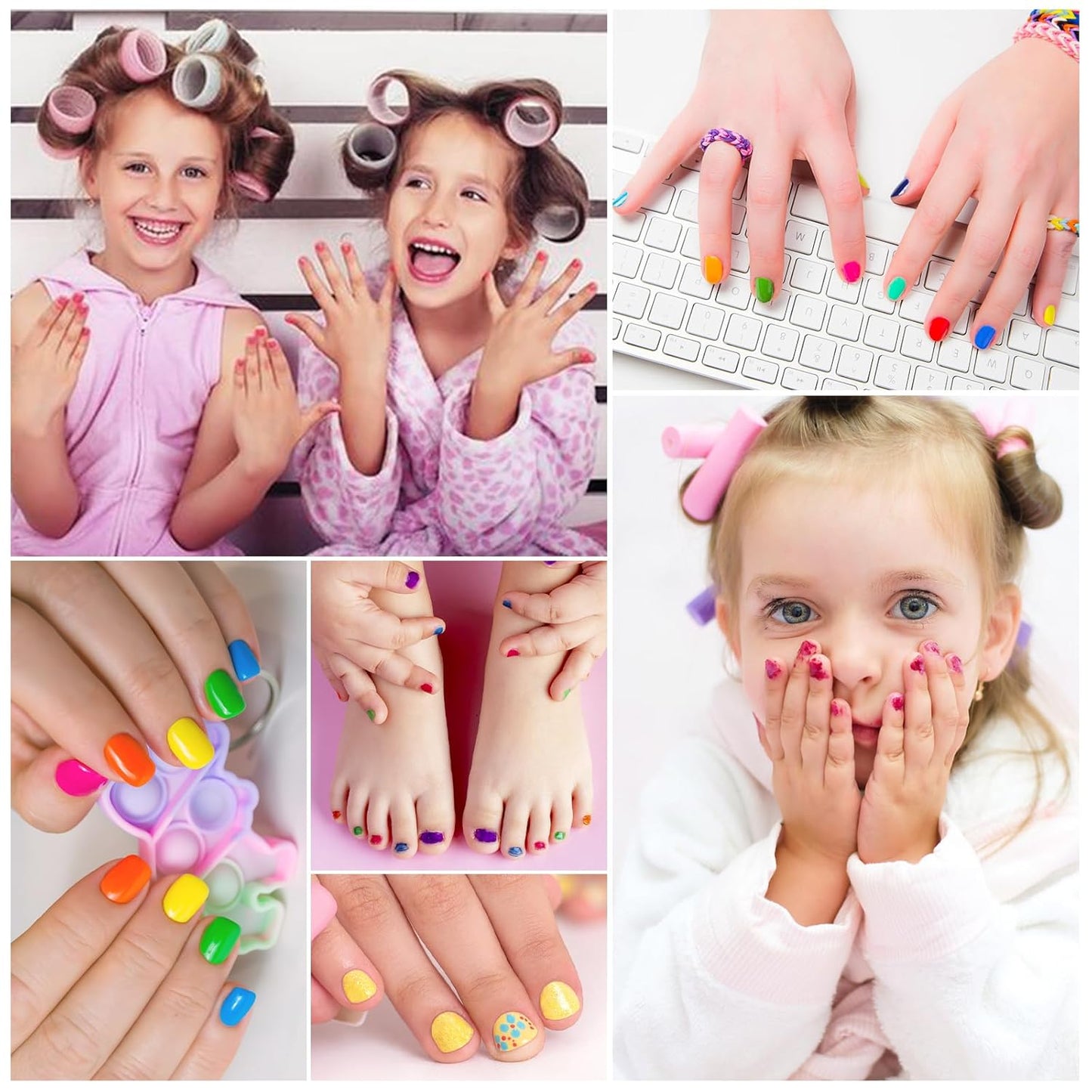 wakaniya Kids Non Toxic Nail Polish Set for Girls with Gems Nail Stickers, 7 Color Peel-Off Low Odor Nail Polish for Toddler