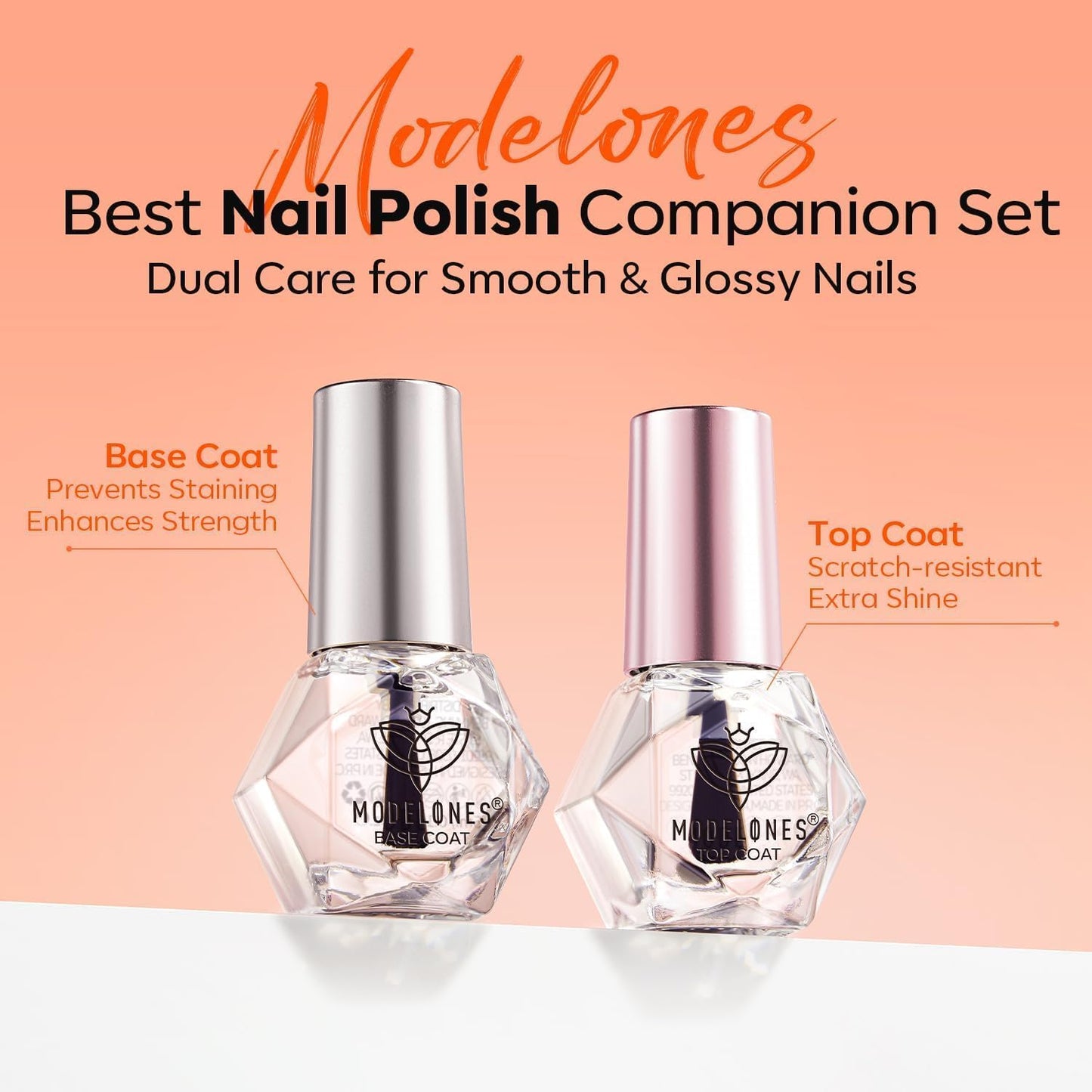 modelones 2 Pcs No Wipe Top Coat and Base Coat Nail Polish Set, Clear Quick Dry Nail Polish High Shine Long Lasting Glossy Regular Nail Lacquer Air Dry Fast Base Top Coat Gifts for Women Nail Art 5 ML