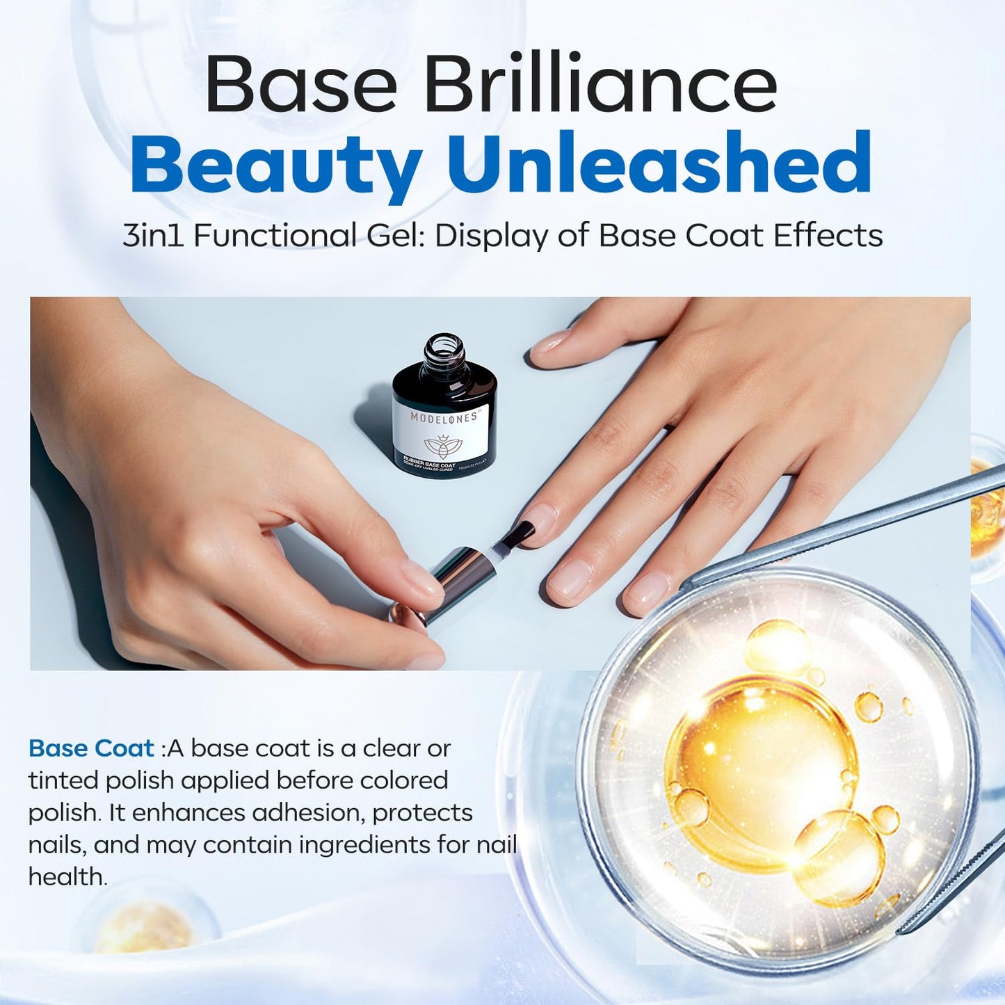 modelones Rubber Builder Gel Base Coat for Nails, Clear Rubber Base Gel Nail Polish for Strengthen/Apex Building/Enhance/Reinforced Long Lasting Fiber Protect Soak Off U V LED Gift for Thin Weak Nails