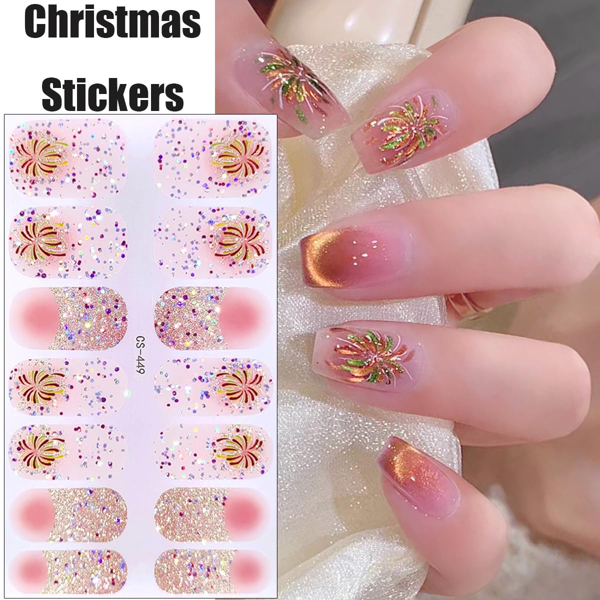 Christmas Nail Stickers - Glitter Firework Nail Wraps, 3D Winter Gel Polish Strips, New Year Full Wrap Designs, Self-Adhesive Shiny Gradient Decals for Women, 6Pcs