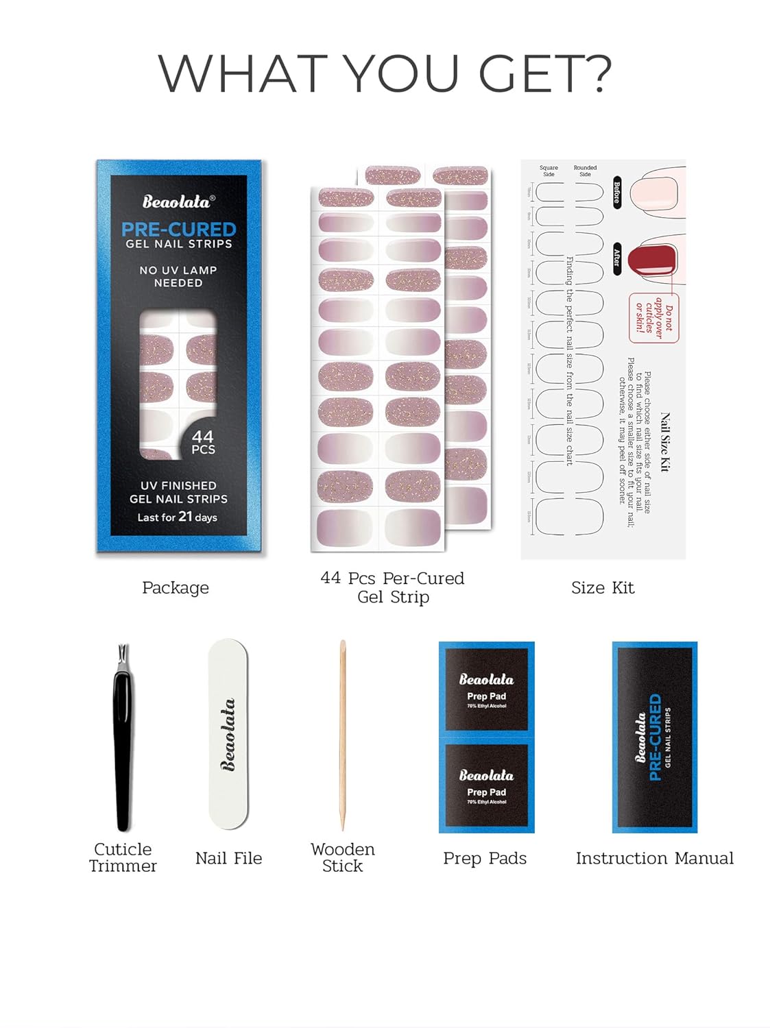 Pre Cured Gel Nail Strips - 44PCS Salon Quality Gel Nail Stickers - Long Lasting Polish Wraps for Women no UV Light Needed Easy Apply& Remove (Iris Purple)