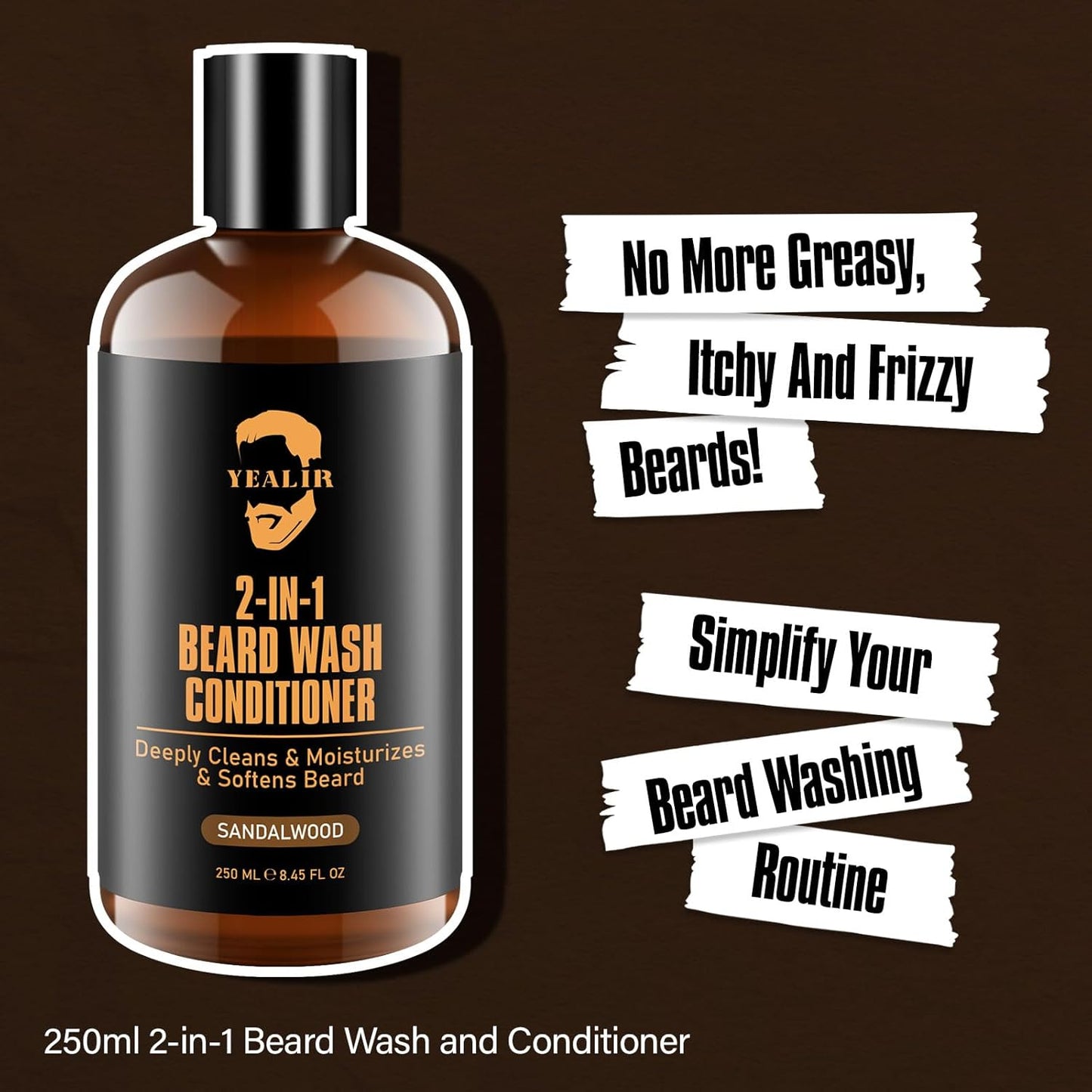 2-in-1 Beard Wash and Conditioner – Cleanse, Hydrate & Soften Dry, Coarse Beard, Beard Shampoo for a Fuller & Healthier Beard –Sandalwood Scent, 8.45 oz