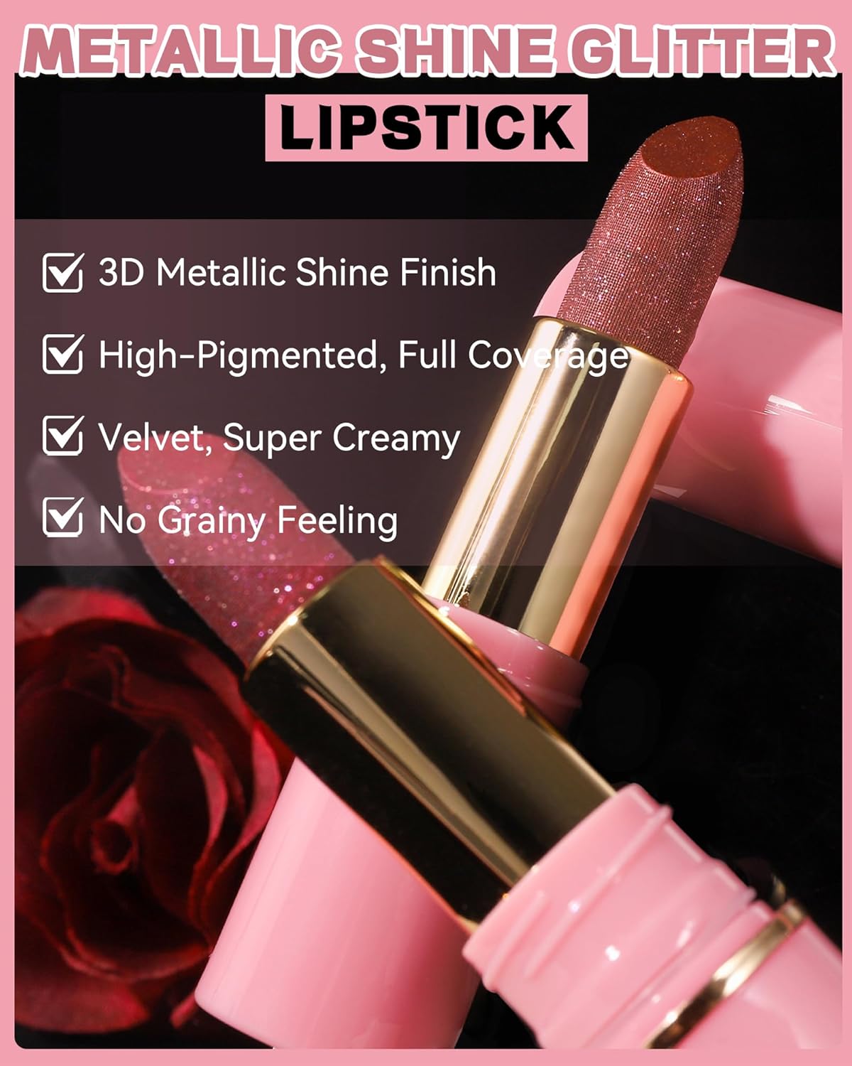 Glitter Metallic Shimmer Lipstick Long Lasting,Glitter Diamond Shine Red Color Matte Lipstick Transfer Proof Non-Stick Lip Gloss Shimmer Highly Pigmented Full Coverage Lip Makeup for Women-06