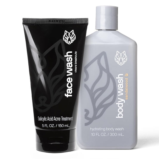 Black Wolf Moisturizing Body Wash & Charcoal Face Wash Set for Men - Daily Grooming & Hygiene Essentials for Mens Skin Care