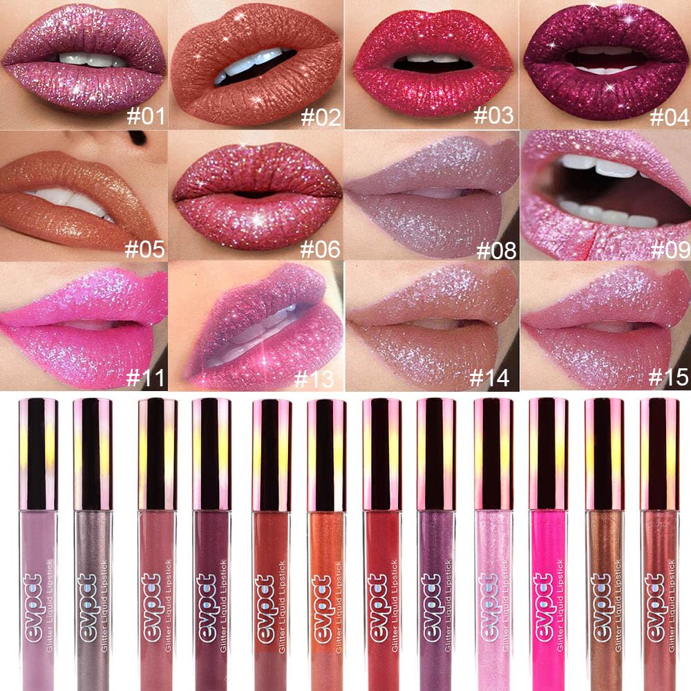 evpct 1Pcs Pink Glitter Metallic Shimmer Diamond Lipstick Lip Gloss for Women Long Lasting Waterproof, Light Bright Rose Pink Sparkle Glitter Matte Liquid Lipstick Lip Makeup Kit, 09#