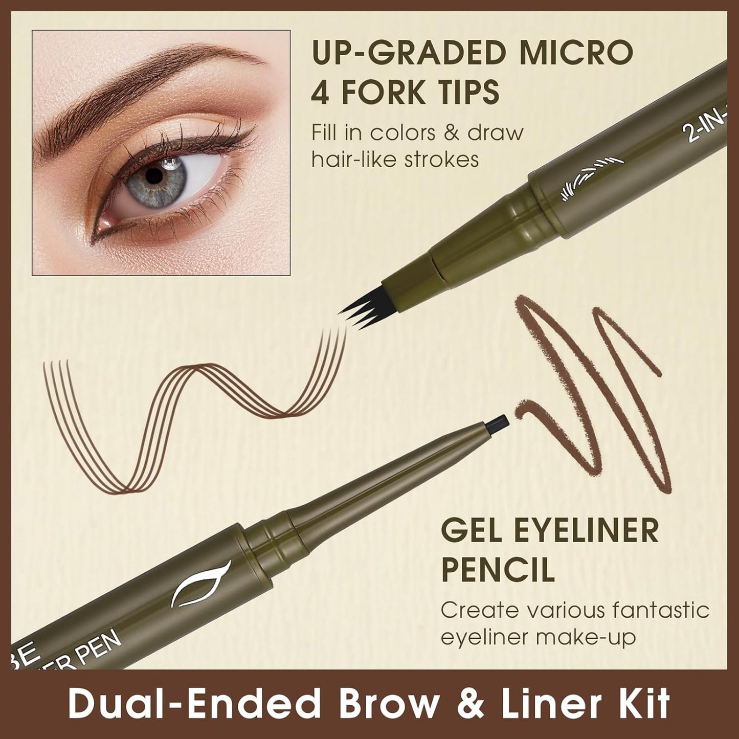 UCANBE Eyebrow Pencils for Women with Spoolie Brush, Dual-Ended Eyebrow Pen with 4-Fork-Tip & Gel Eyeliner, Microblading Brow Pen with Eyeliner Pencil + Brow Brush for Hair Like Brows, Dark Brown