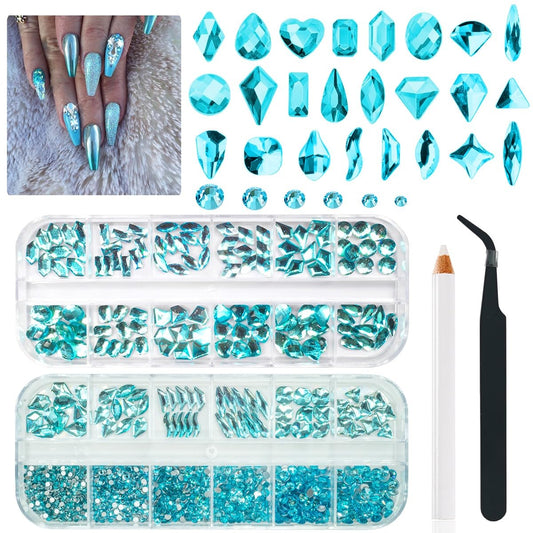 24 Styles Aquamarine Nail Rhinestones Lake Blue Stones Diamonds K9 Glass Flatback Water Blue Crystals Gems Jewels Nail Art Charms Supplies for Nails Face Eyes Makeup DIY Crafts Tumblers Clothes