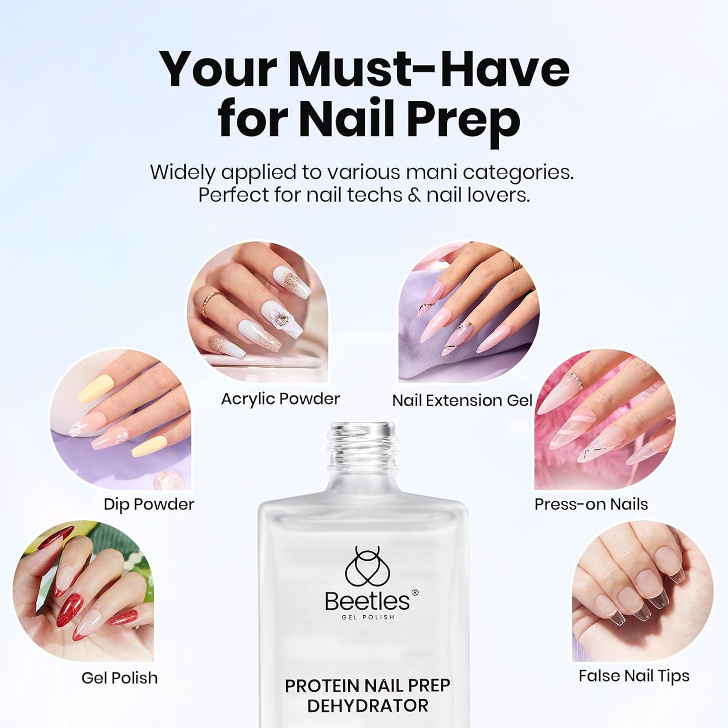 Beetles Nail Dehydrator 15ml Protein Prep for Gel Nail Polish, Upgraded Formula 2 in 1 Nail Bond Air Dry, No Lifting, HEMA Free & Acid Free for False Nail Tips Acrylic & U V Gel Gifts for Wom