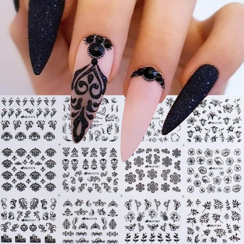 Black Flowers Nail Stickers, Floral Nail Art Decal 3D Self-Adhesive Lace Retro Flower Vine Leaf Decals for Women Nail Designs Decoration (373-384)