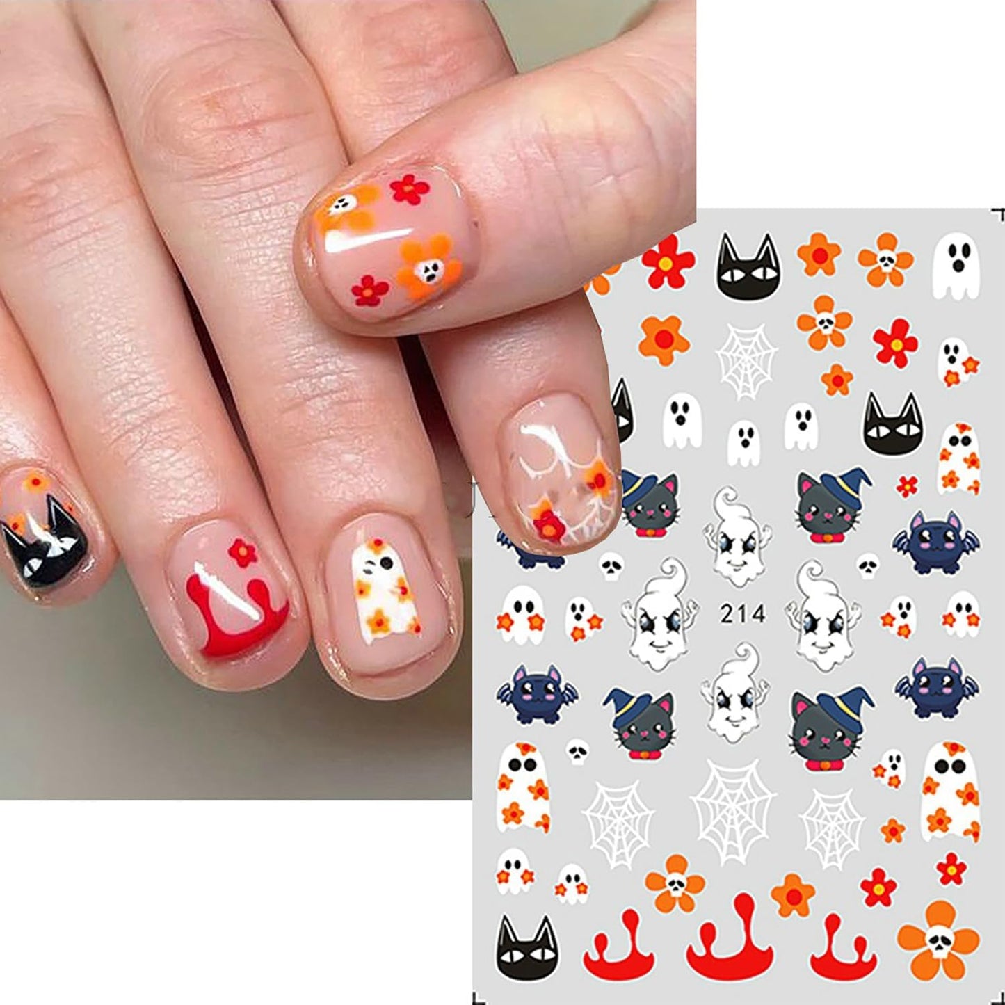 Halloween Nail Art Stickers 8 Sheets Cute Little Ghost Skull Pumpkin Floral Nail Art Self-Adhesive DIY Nail Decal Stickers Nail Fall Decoration Thanksgiving Nail Supplies for Women Girls Kids