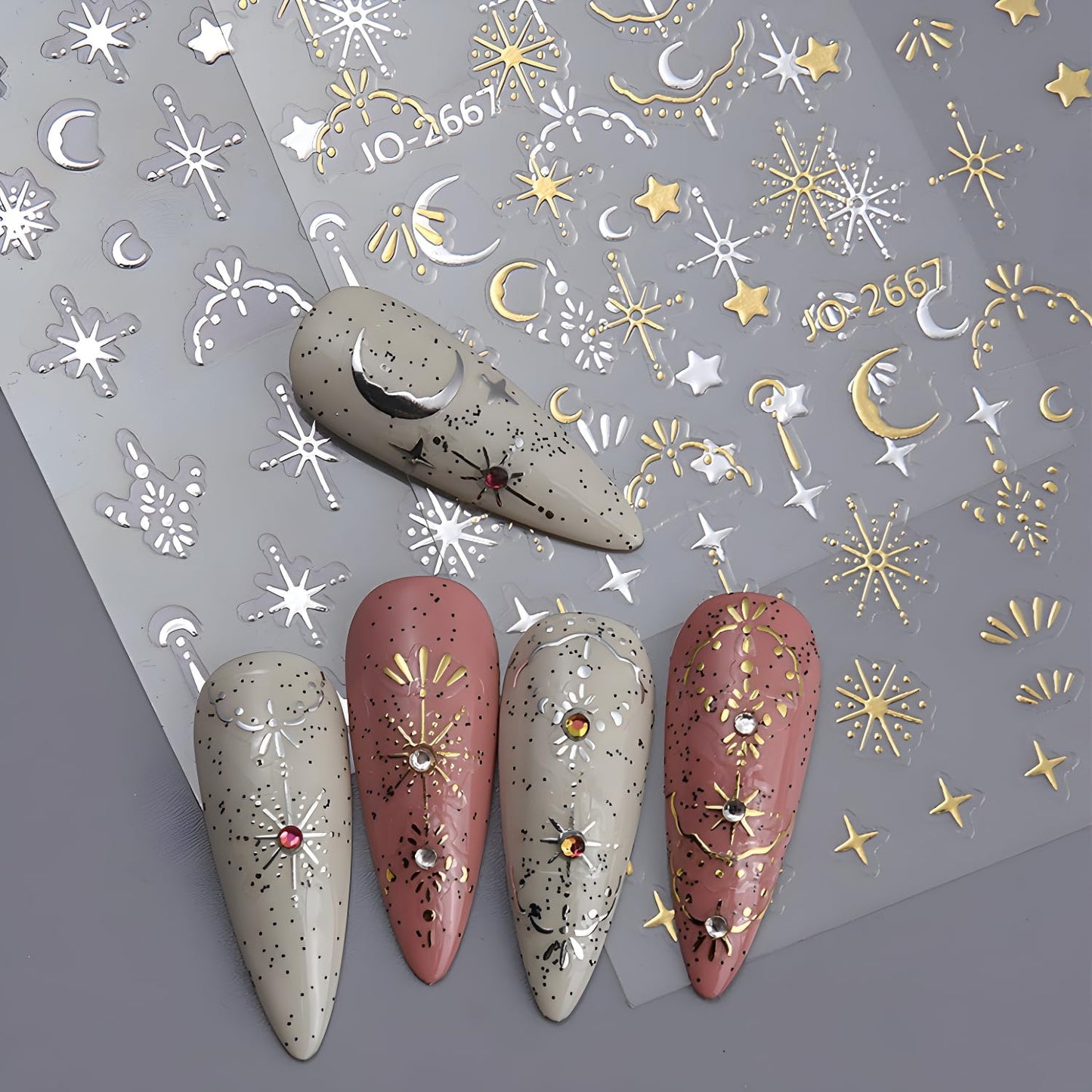 12 Sheets Silver Gold Moon Star Nail Art Stickers - 3D Self Adhesive Decals for Design and Decoration - Supplies Accessories for Women