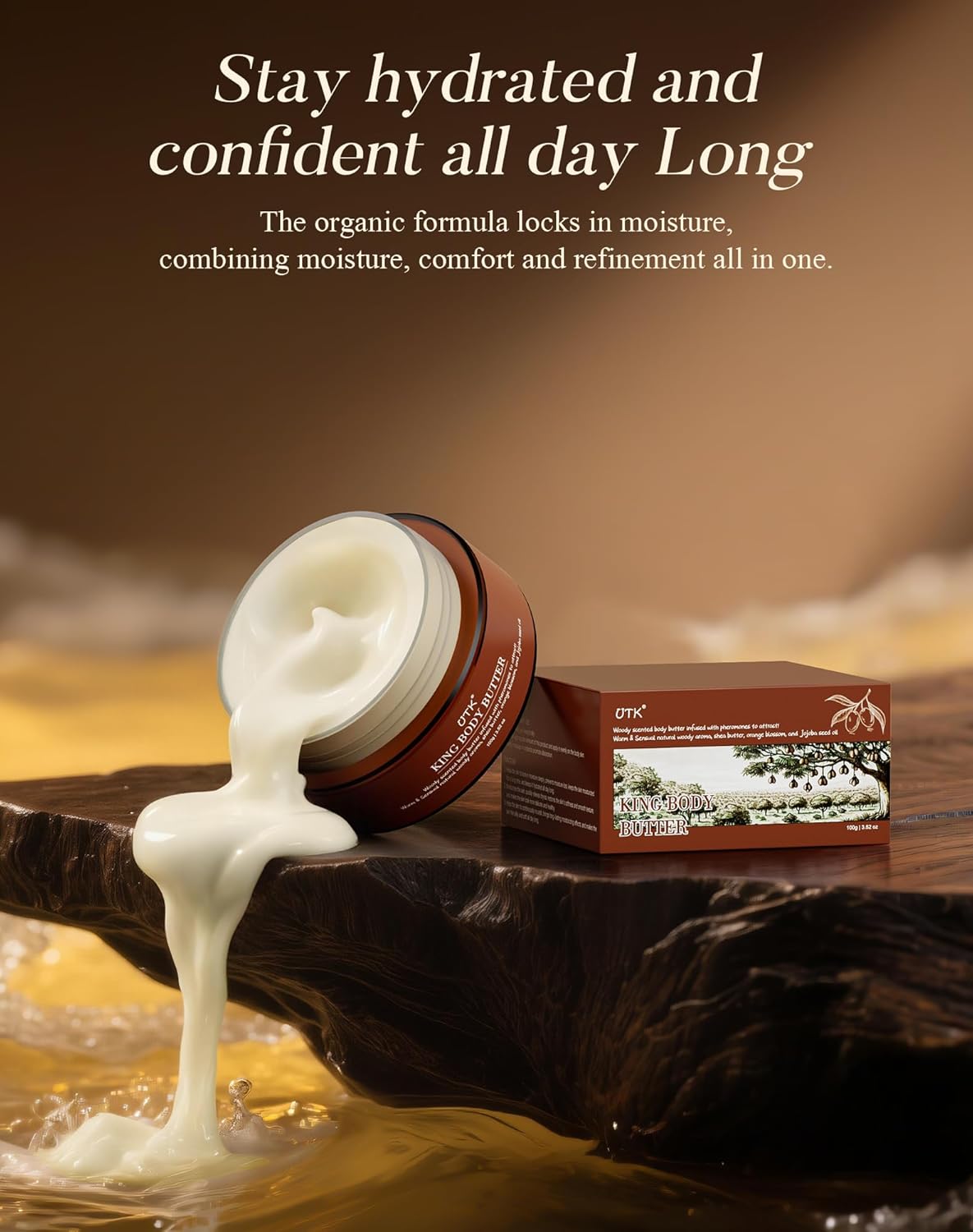 King Body Butter for Men, Mixed Woody Fragrance & Orange Blossom, Warm and Sensual Scent, Organic Shea & Jojoba Seed Oil, Moisturizing Formula with All-Day Fragrance,3.52oz, Enhance Attractiveness