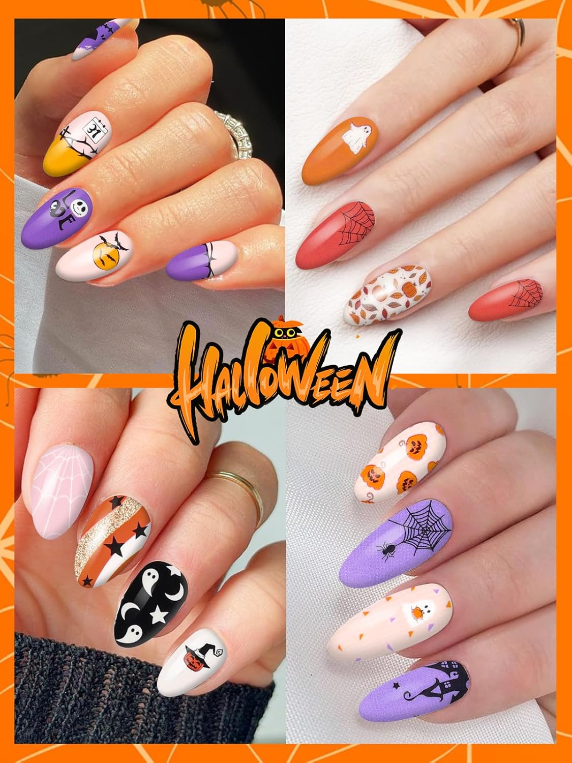 EBANKU 14 Pcs Halloween Full Wrap Adhesive Nail Polish Stickers, Cute Ghost Bats Spider Webs Skeleton Nail Strips Wraps with Nail File for Halloween Party Decor