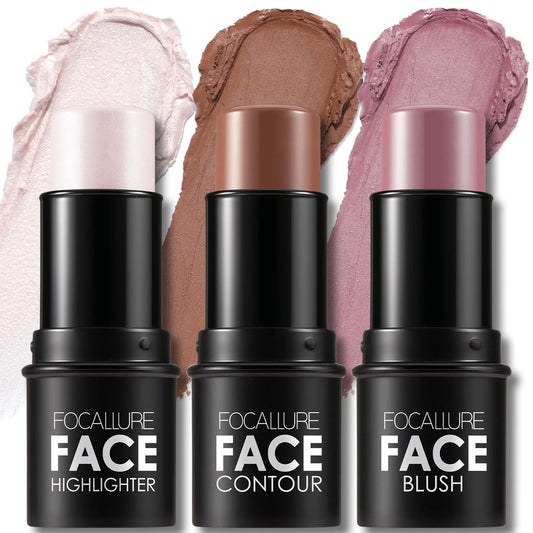 FOCALLURE 3 Pcs Cream Contour Sticks,Shades with Highlighter & Bronzer & Blush,Non-greasy Long-wear Face Contouring Pen,Easy to Sculpt the Face and Create a Lightweight Finishing Makeup,UNIVERSAl