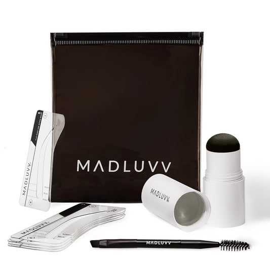 MADLUVV Brow Stamp Kit with Brow Stencils – Easy Eyebrow Shaper for Natural-Looking Brows – Popular Eyebrow Stencil Kit Used by Professionals – 9 Shapes, Spoolie, Travel Bag & Stamp (Light Grey)