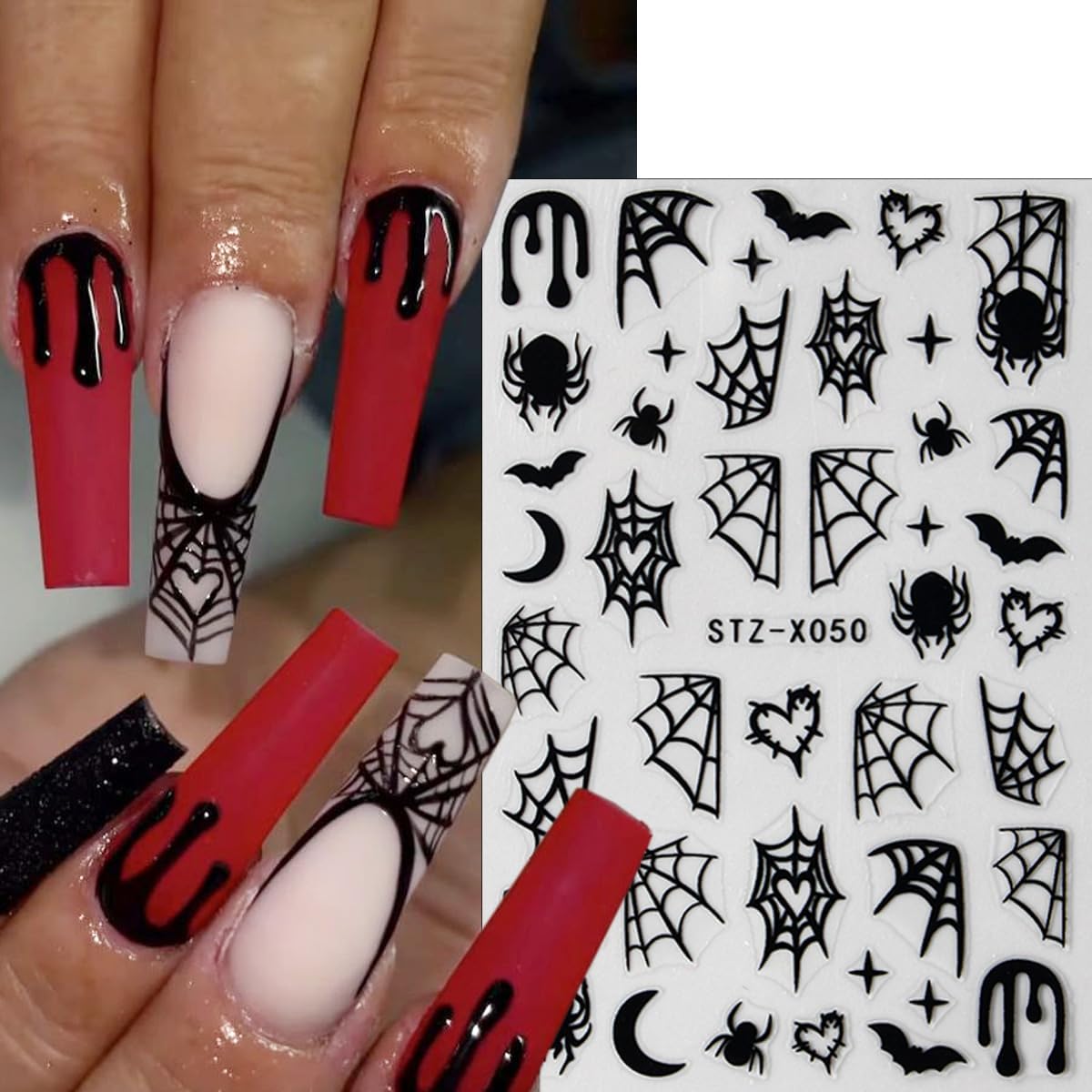 Halloween Nail Stickers 3D Self-Adhesive Goth Nail Art Stickers Pink Spider Web Spider Heart Glitter Design Halloween Acrylic Nail Art Decoration Cute Horror Nail Decals for Women Acrylic Nails DIY