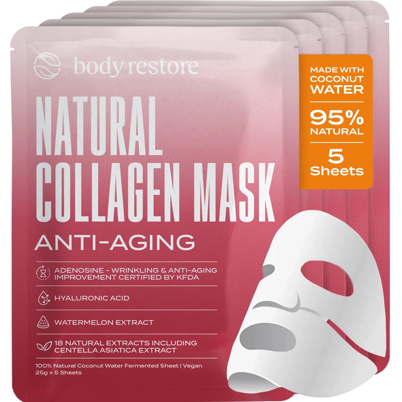 Body Restore Natural Collagen Face Mask 5 Pack – Korean Skin Care Mask with Fermented Coconut Water, Christmas Stocking Stuffers, White Elephant, Birthday Gifts for Women & Men, Dry Skin - Anti-Aging