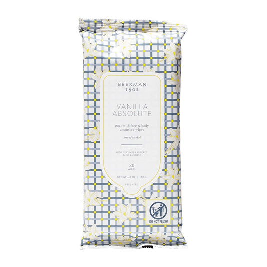 Beekman 1802 Face & Body Wipes, Vanilla Absolute - Scented - 30 Count - Cleanses Dirt & Makeup - With Goat Milk, Aloe & Vitamin E - Alcohol Free, Biodegradable - Good for Sensitive Skin - Cruelty Free