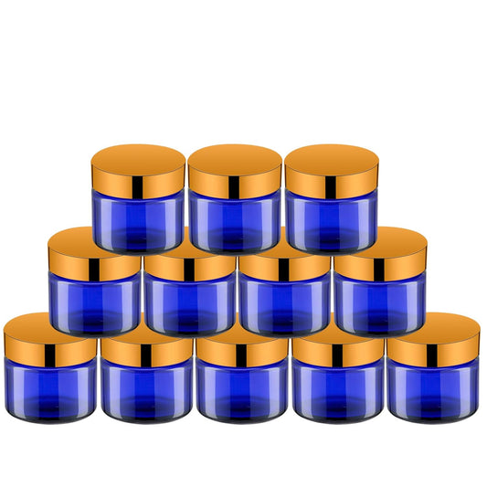 Lil Ray 2 Oz Glass Cream Jars with Gold Lid, Empty Cobalt Blue Glass Containers, Refillable Cosmetic Vials for Lotion, Ointment (12 PCS)