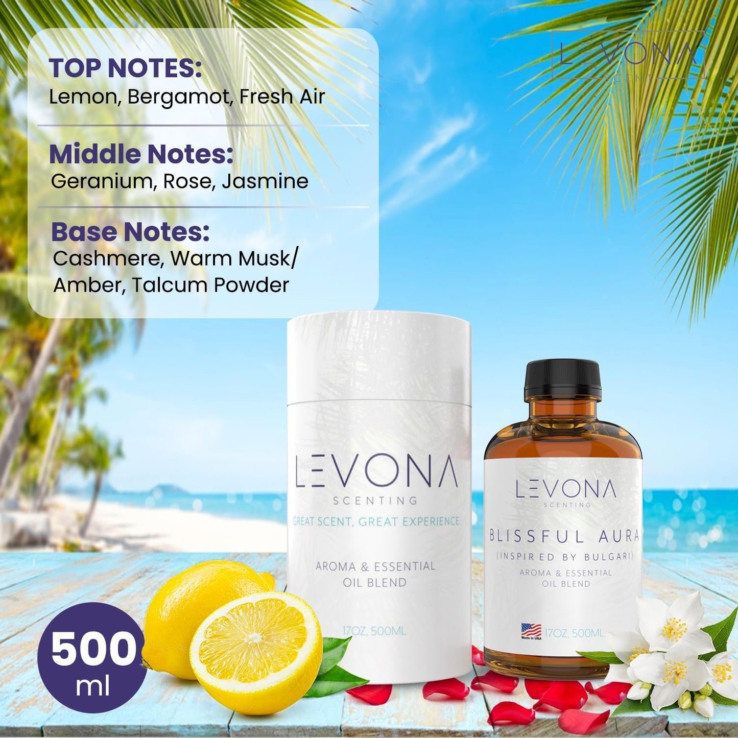 Levona Scent Essential Oils for Diffuser: Blissful Aura with Notes of Amber, Musk & Jasmine - Home Luxury Scents for Hotel - Fragrance Oil - 500 Ml Essential Oil