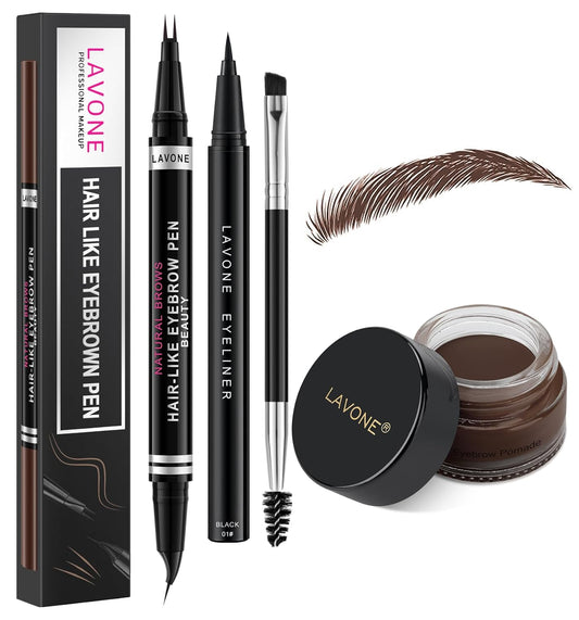 LAVONE Hair-Like Eyebrow Pen Makeup kit, Eyebrow Pencils for Women with Waterproof Microblading Eyebrow Pencil, Eyebrow Pomade, Eyeliner and Eyebrow Brush, Create Full, Natural Brows, Espresso
