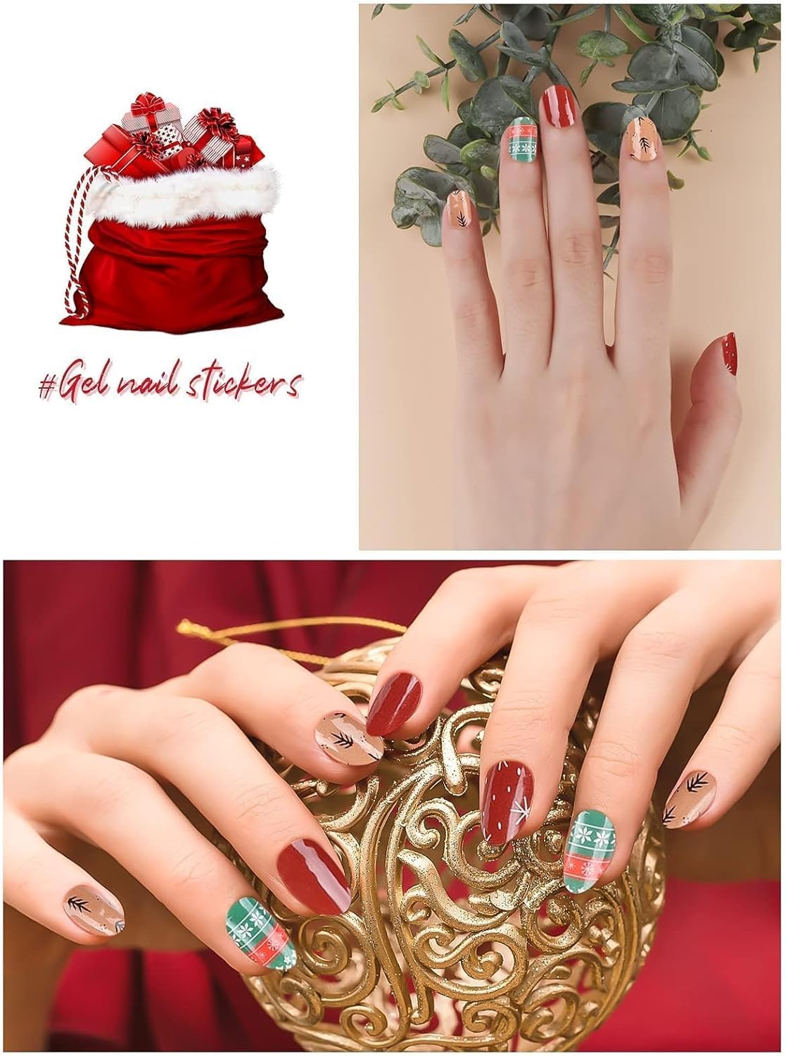 EBANKU 20PCS Christmas Semi-Cured Gel Nail Polish Strips, Snowflake Christmas Trees Adhesive Gel Nail Art Sticker, Waterproof Gel Nail Wrap Stickers with Nail File and Stick（UV/LED Lamp Required）