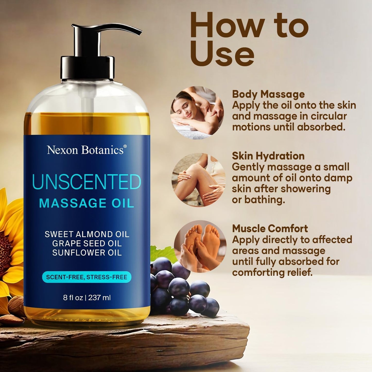 Unscented Massage Oil for Massage Therapy 8 fl oz - Refreshing and Relaxing - Natural Oils with Sweet Almond, Grape Seed and Sunflower Oil - for Men and Women - Nexon Botanics
