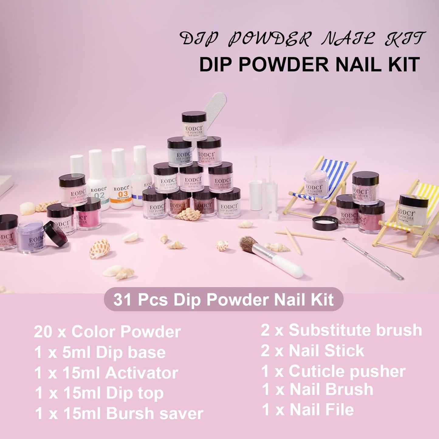 31 Pcs Dip Powder Nail Kit Starter - 20 Colors Nude Pink Skin Dipping Powder Liquid Set with Base Top Coat, Activator, Brush Saver, Nail Buffer and Brush No Needed Lamp Curing