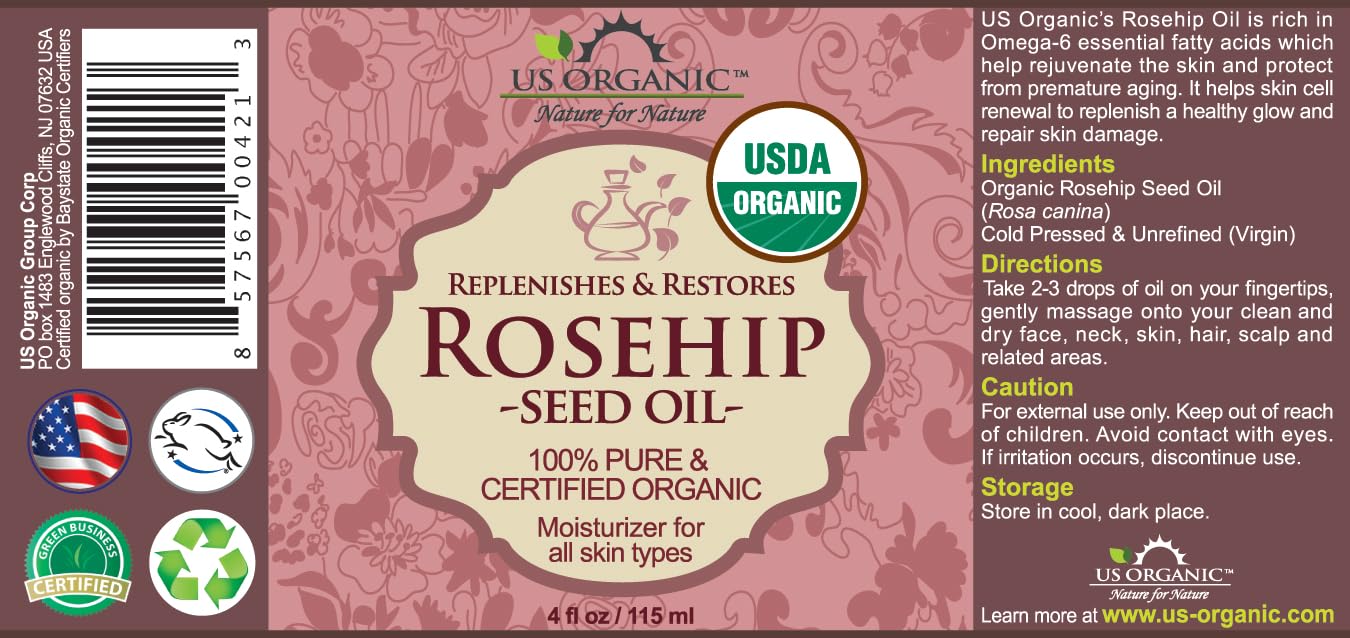 US Organic Rosehip Seed Oil, USDA Certified Organic, Cold Pressed, Virgin Organic, Amber Glass Bottle and Glass Eyedropper for Easy Application - 4 oz (115 ml)