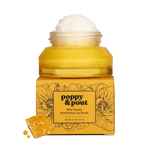 Poppy & Pout Natural Lip Scrub, Moisturizing Sugar Scrub for Dry Lips, Lip Scrubber Exfoliator with Essential Oils Smooths and Hydrates Lips, In Recyclable Glass Jars, Cruelty Free - Wild Honey