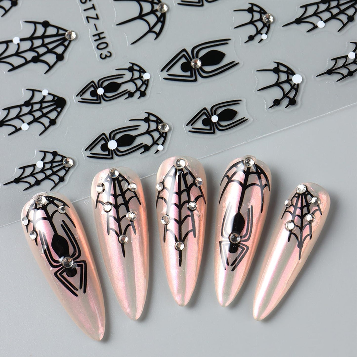 8 Sheets Black Halloween Nail Art Stickers Decals Spider Web Nails Sticker with Rhinestones Design Skeleton Blood Drop French Tip Nails Decals Self-Adhesive Butterfly Nail Art Decal Halloween Decor