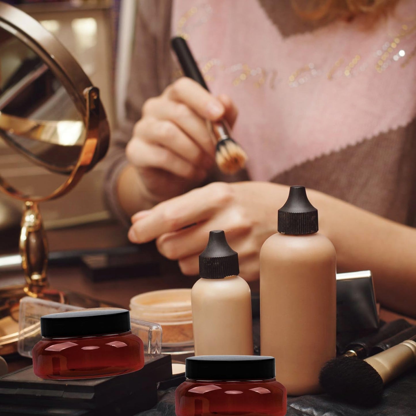 Amber Plastic Jars with Lids, 12 Pack Brown Body Scrub Jars Empty Refillable Containers Round Low Profile Samples Jars for Lotion, Body Butter, Sugar Scrub, Cream (5.3 OZ)