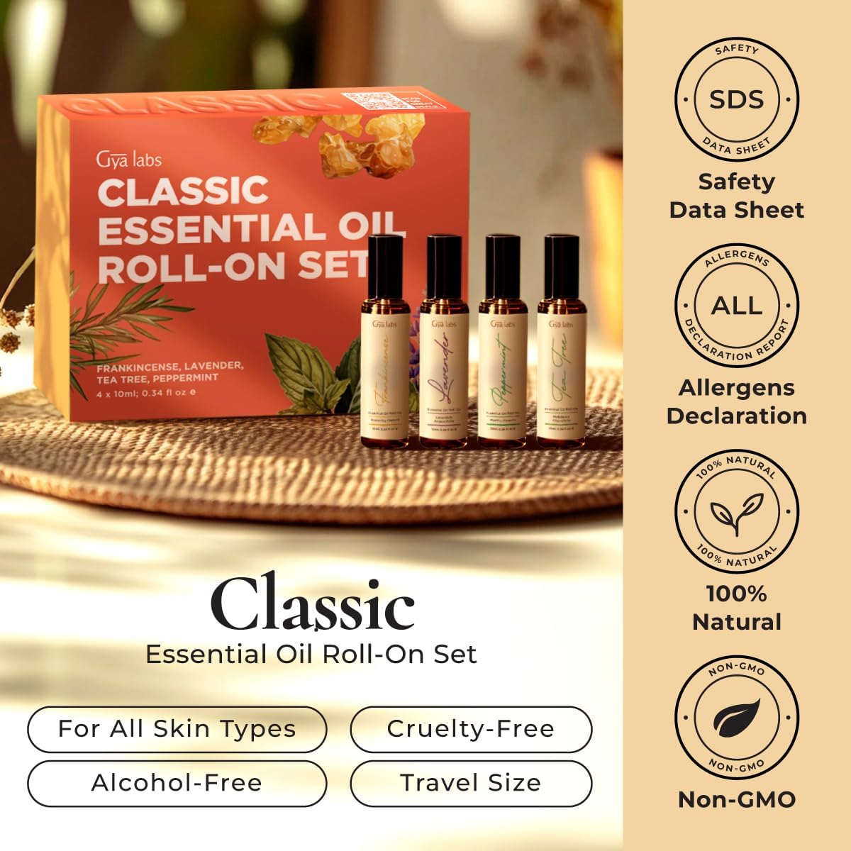 Gya Labs Classic Roll on Essential Oils Set - 100% Pure Natural Frankincense, Peppermint, Lavender, Tea Tree Oil Rollers for Skin & Body Comfort, Relaxing Gift for Women (0.34 Fl Oz Each)
