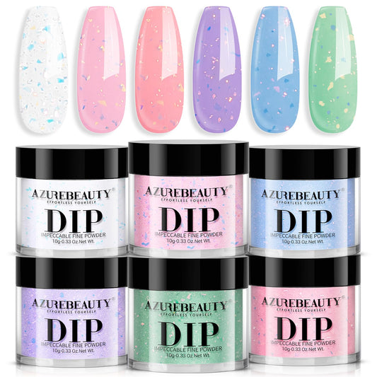 AZUREBEAUTY Dip Powder Nail Set, Clear Pink Coral Violet Blue Green Pastel Shades with Sparkling Aluminum Foil, 6 Colors Dipping Powder Starter Kit Nail Art Manicure Salon, No Need Nail Lamp Cured