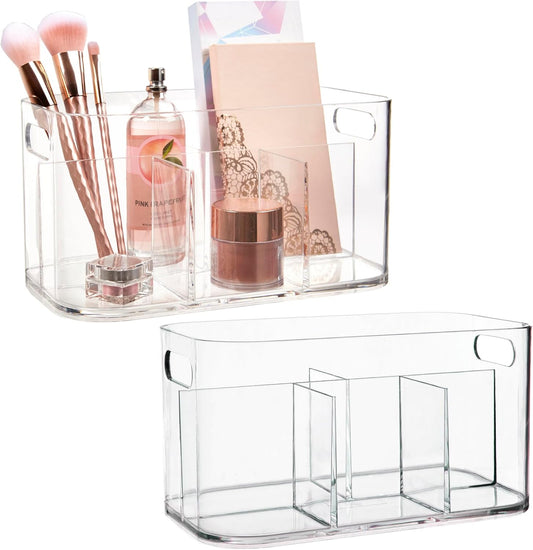 STORi Bliss 5-Compartment Plastic Cosmetics Storage Organizer, Set of 2 | Clear | Rectangular Divided Makeup Bin & Vanity Caddy with Pass-Through Handles | Round Corner Design | Made in USA