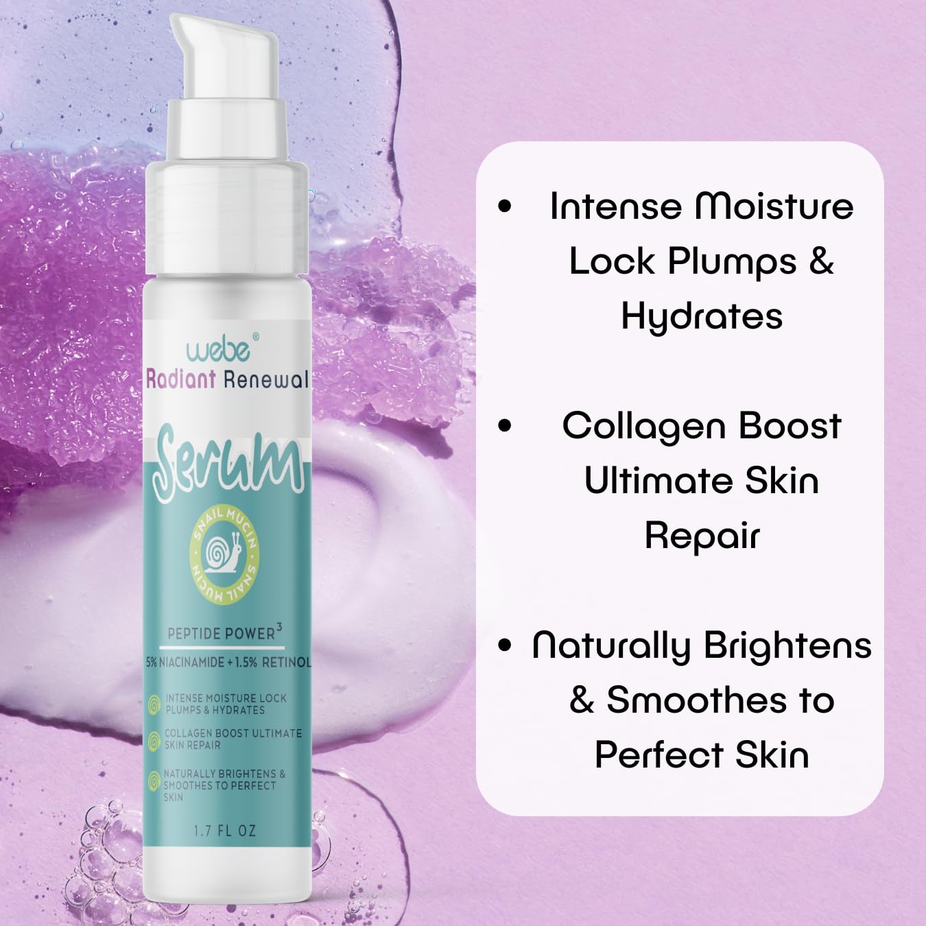 WEBE Naturals Snail Mucin Retinol 1.5% Radiant Renewal Serum | Niacinamide 5%, Vitamin C, Peptide Booster, Hyaluronic Acid & Zinc PCA | Anti-Aging Plumping Intense Moisture Lock, Glowing Smooth Skin