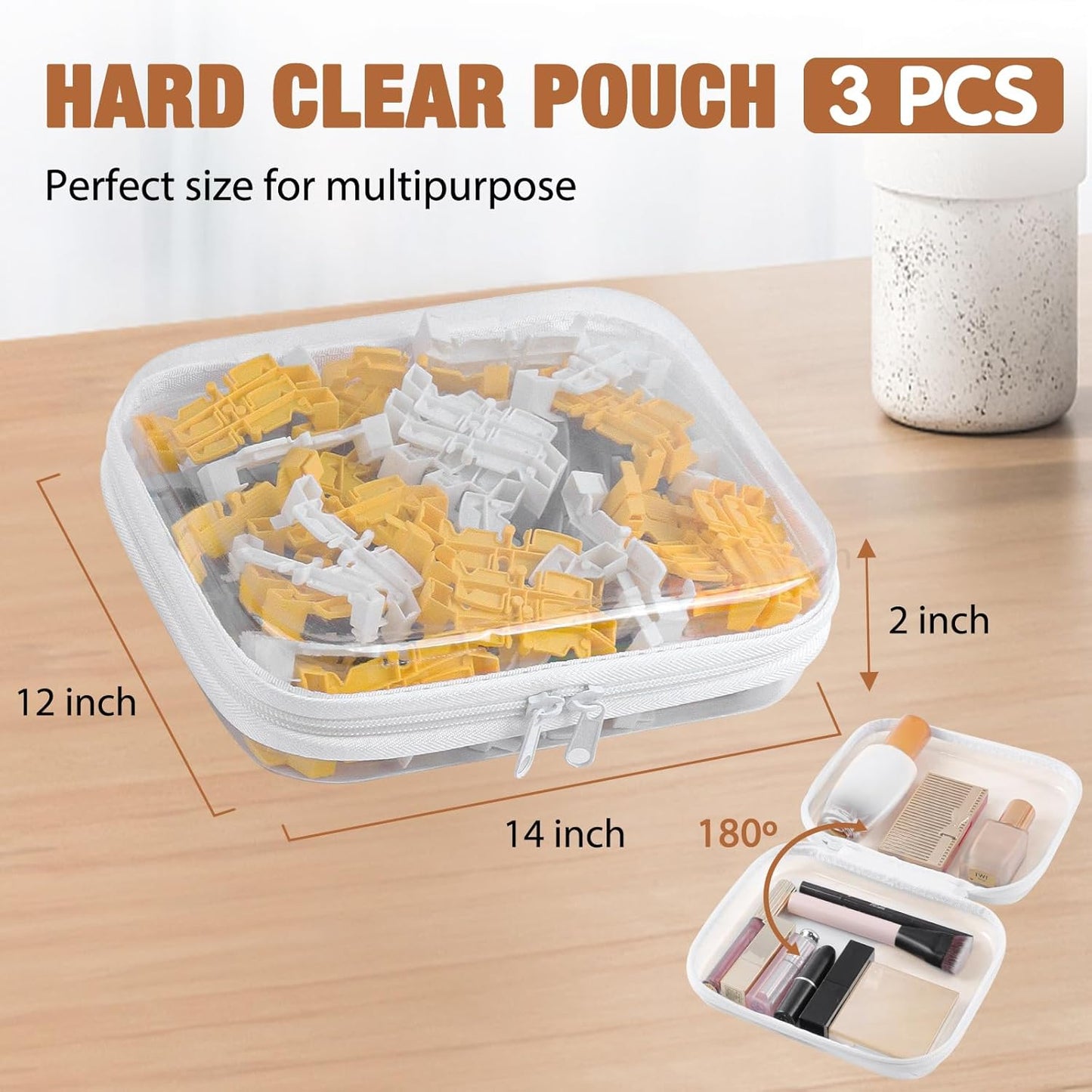 Clear Hard Shell Zipper Case 3 PCS Clear Cosmetic Make up Bag Waterproof Travel Toiletry Bag for Women, Hard Plastic Zipper Pouches Portable Travel Storage Organizer Bins (White, 14"x12"x2")