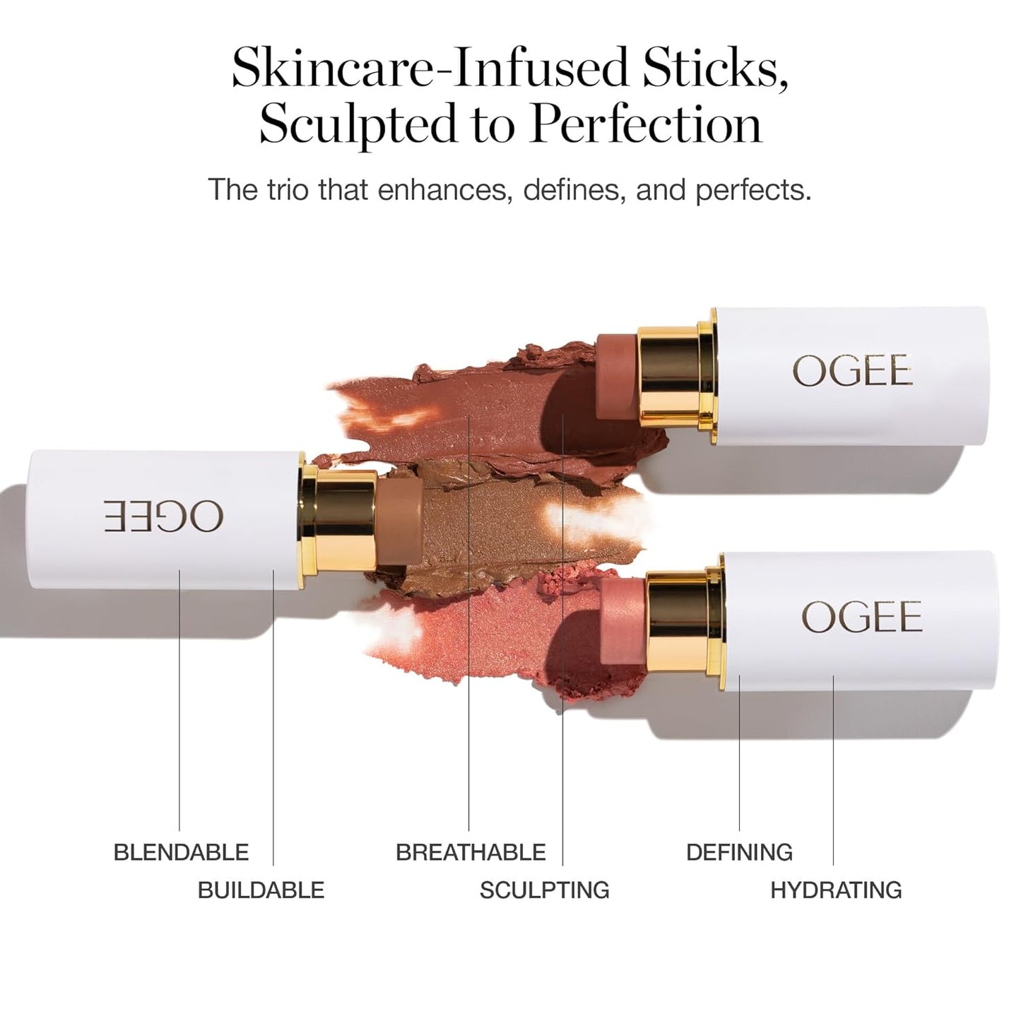 Ogee Face Stick Trio - Golden Contour Stick Makeup Collection - Certified Organic Bronzer, Blush Stick, and Highlighter Stick for a Flawless Look