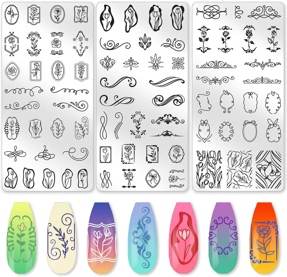 3Pcs Tulip Nail Stamping Plate Set Floral Irregular Geometric Frames Steel Nail Stamp Templates Clear Silicone Nails Stamping with Stamper Scraper for Manicure Printing