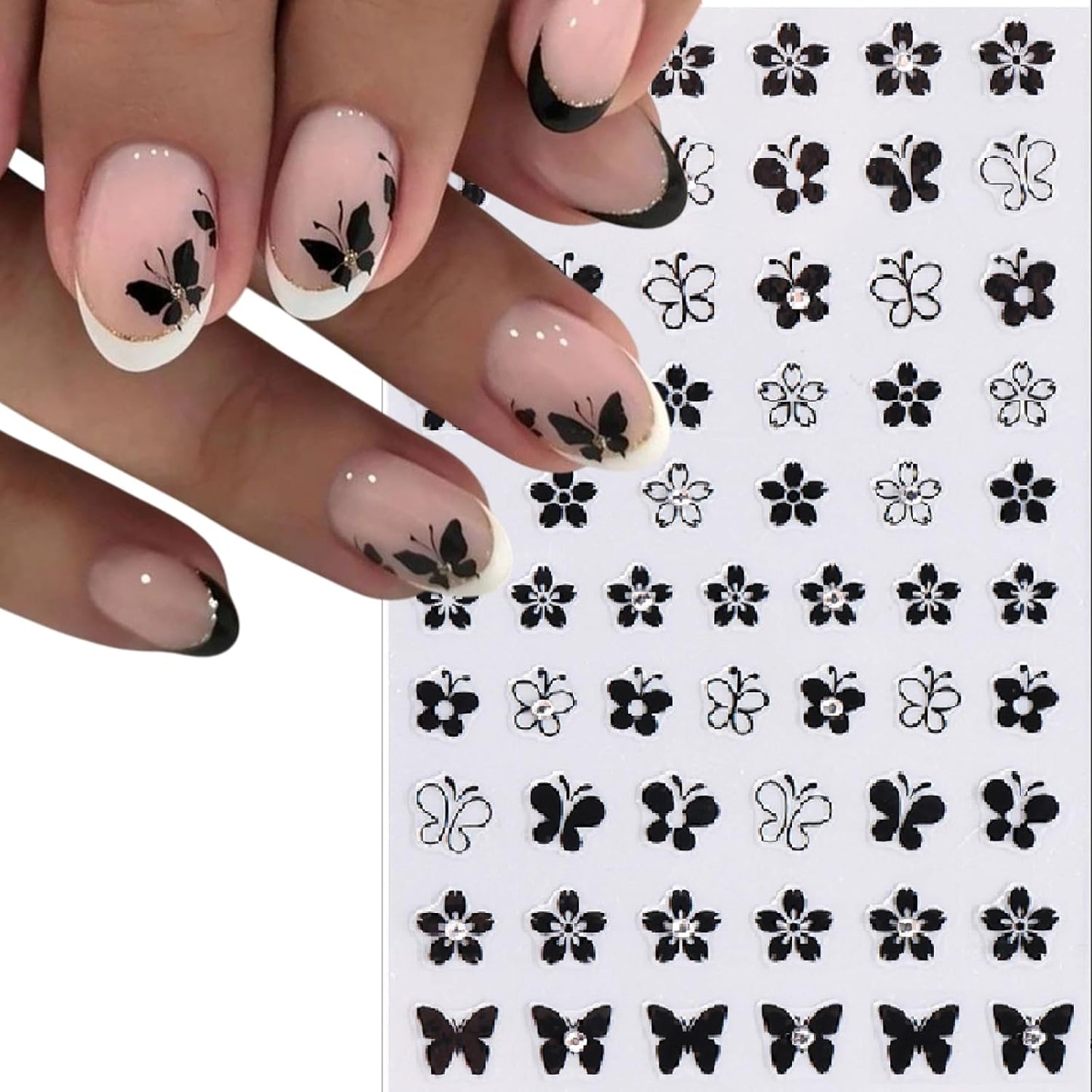3 Sheets French Diamond Nail Stickers Flower French Manicure 3D Self-Adhesive Sparkling Crystal Black and White French Daisy Butterfly Design DIY Decal Nail Stickers for Nail Art Decoration