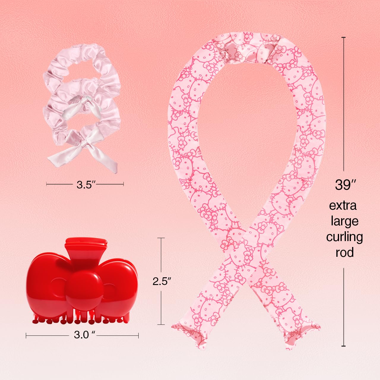 Hello Kitty x Kitsch XL Satin Heatless Curling Set- Heatless Hair Curler To Sleep In for Frizz-Free & Soft Curls, Comes with Bow Shape Design Hair Claw and Satin Scrunchies, Gifts for Women, 4pc Set
