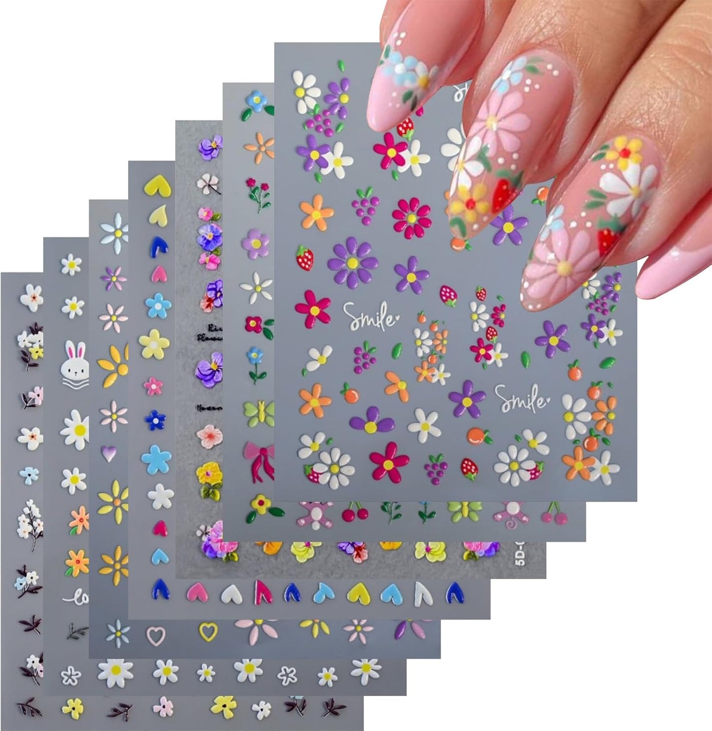 Stickers para Uñas Nail Stickers Self-Adhesive Sticker para Uñas Colorful 3D Flower Embossed Calcomanías Stickers Art Design Accessories Hight Quality 8 Sheets