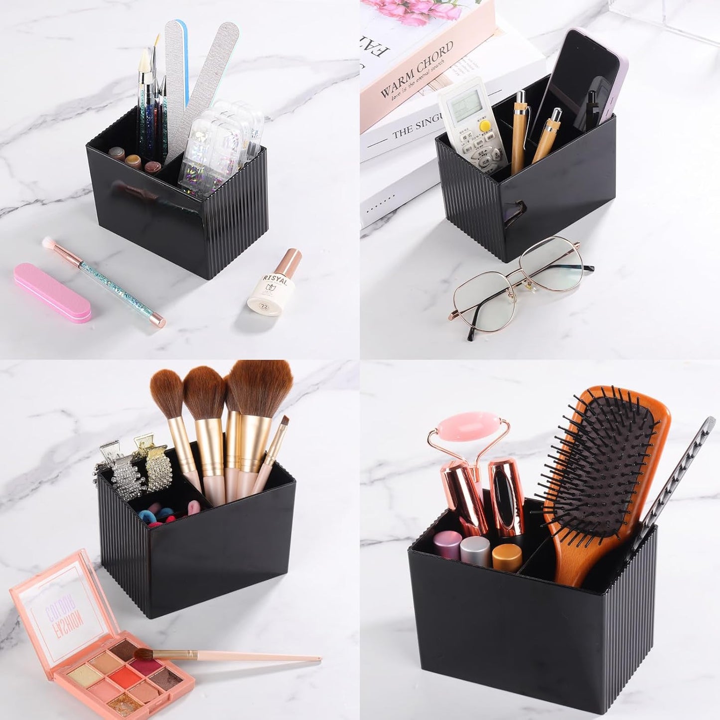 Ohlove Qtip Holder with Bamboo Lids, 3 Compartments Cotton Ball/Swabs Dispenser, Apothecary Jar Plastic Container for Storage and Organizer (Black)