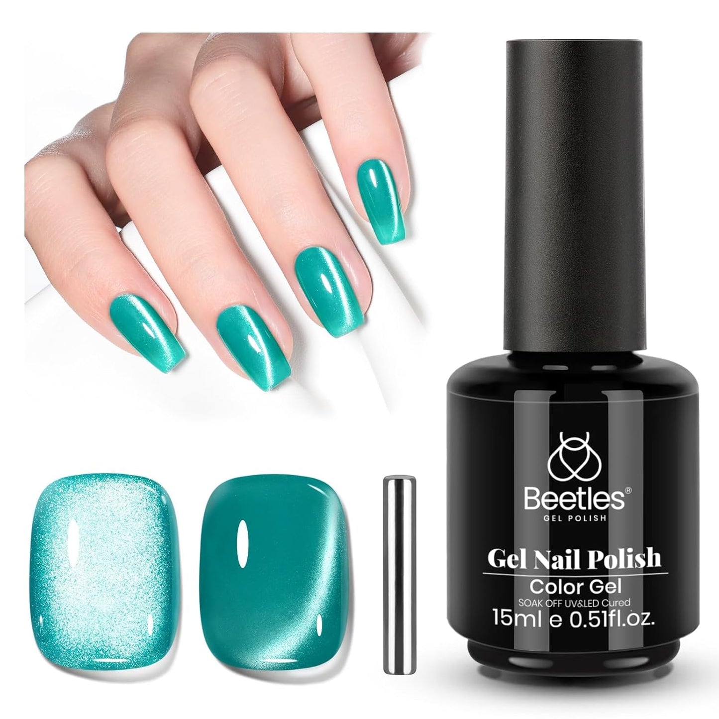 Beetles Green Cat Eye Gel Nail Polish - 15M Green Glass Cat Eye Gel Polish with Magnet Shimmer Translucent Sheer Color Soak Off UV Teal Radiance Series French Nail Art Gift for Women