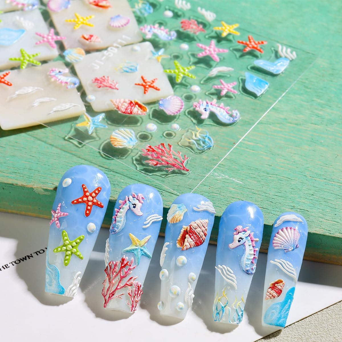Summer Ocean Nail Stickers, Starfish & Sea Horse Nail Decals, 4 Sheets 5D Embossed Vacation Nail Art