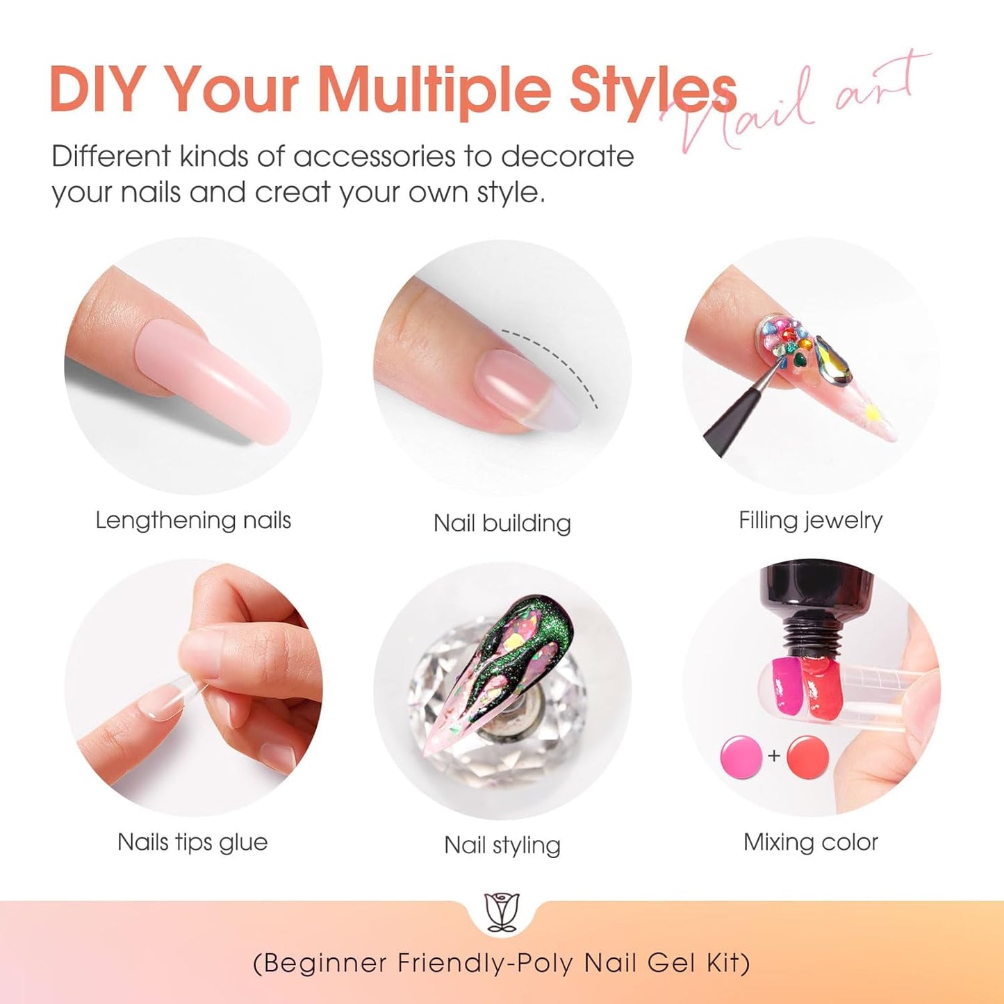 ROSALIND Nude Poly Nail Gel Kit, 14 Colors Pink Poly Nail Gels Kit with Slip Solution and Mini Lamp Poly Nails Gel Starter Kits For All Seasons Beginner DIY at Home