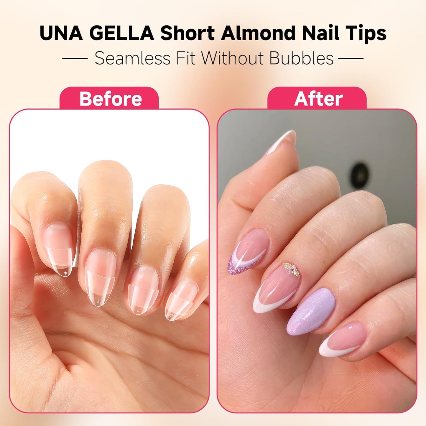 UNA GELLA Short Almond Gel Nail Tips: Half Cover 504PCS Extra Short Fake Nail Tips Almond Shape 12sizes Pre Etched Salon Quality Soft Acrylic Press On Nails for Home Nails Extension