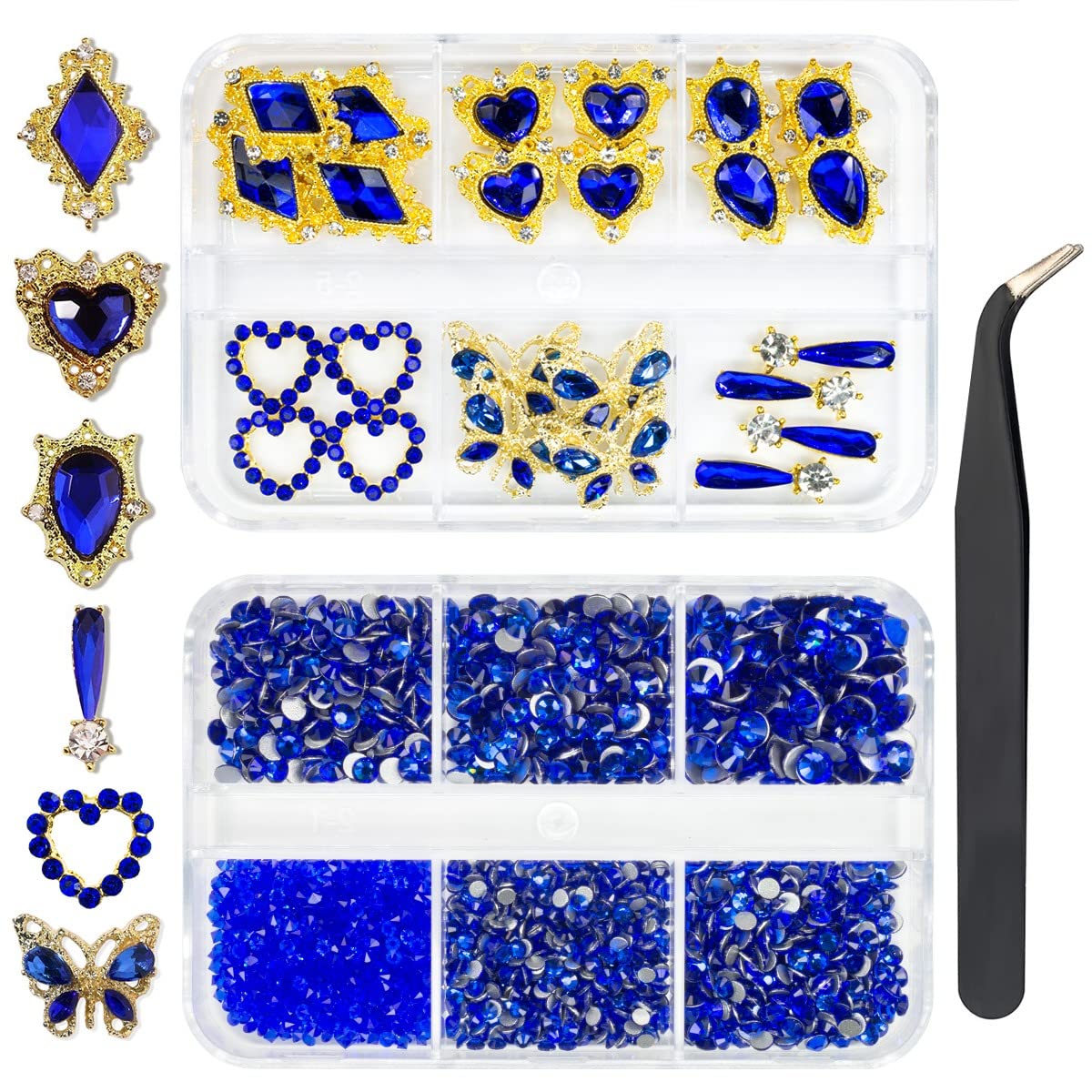 24pcs Blue Luxury Nail Charms +2000pcs Sapphire Rhinestones 3D Big Nail Gems K9 Glass Royal Blue Nail Crystals Diamonds Jewelry Stones Alloy Nail Art Studs Decor Supplies Heart Charms for Nails Crafts