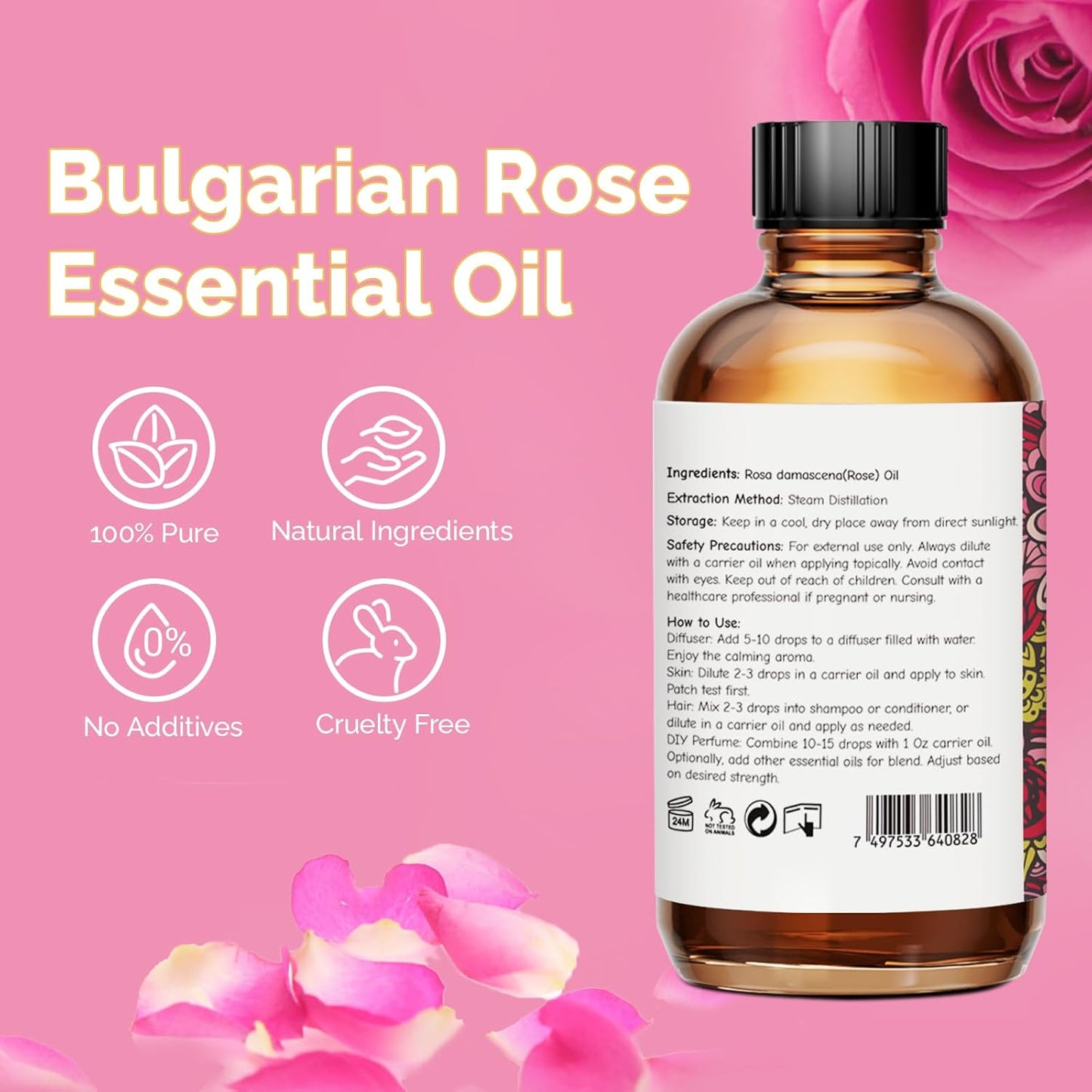 Rose Essential Oil 4 Oz, 100% Pure Natural Rose Oil for Diffuser, Skin, Hair, Body, Face Care, Perfume DIY