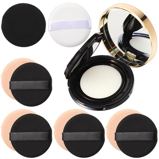 Patelai 7 Pcs 0.5oz Empty Luxurious Air Cushion Puff Box with Sponge Puff and Mirror, Portable Make-up Powder Container Case with Extra Sponges and Puffs, Refillable Foundation Bb Cream Box (Black)